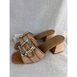 A New Day Kathleen Rhinestone Buckle Block Heel Slide Sandals Beige Tan 9 NEW
